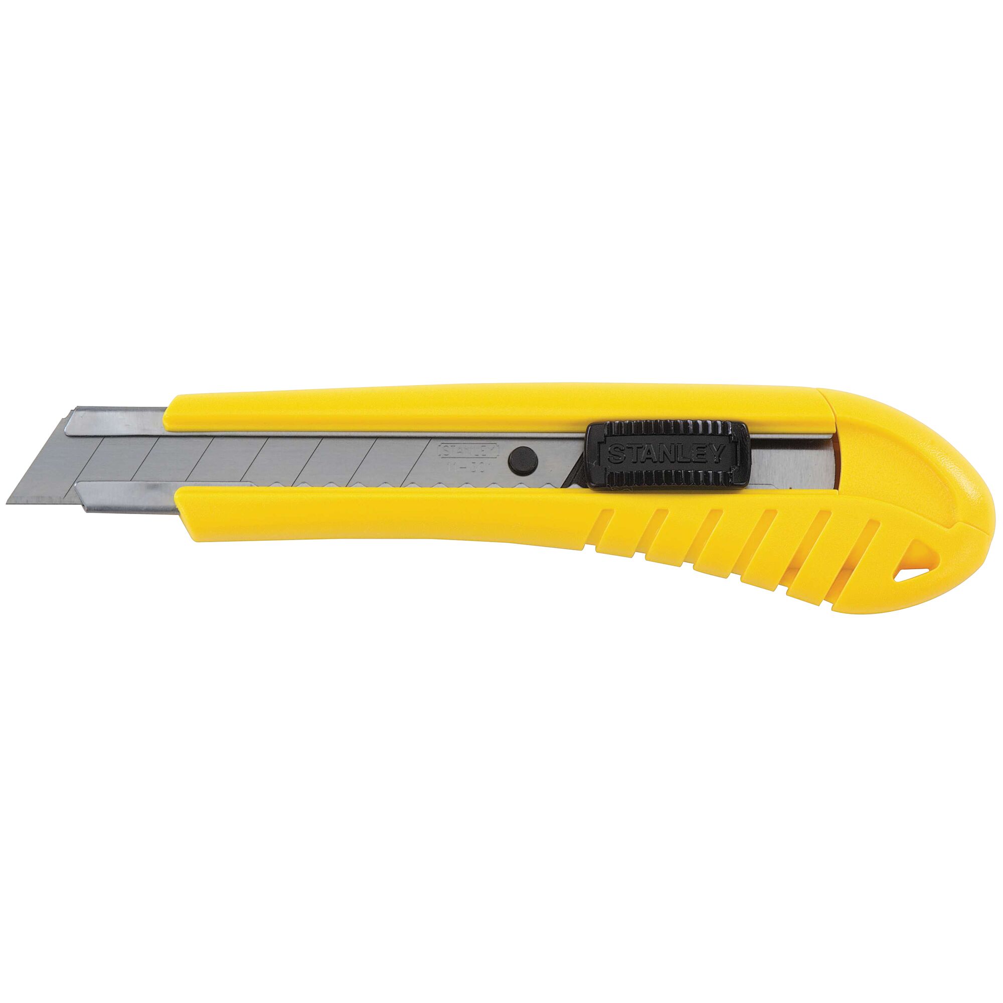 STANLEY 10-280-0-22 yellow utility knife, photography, side view on white background.