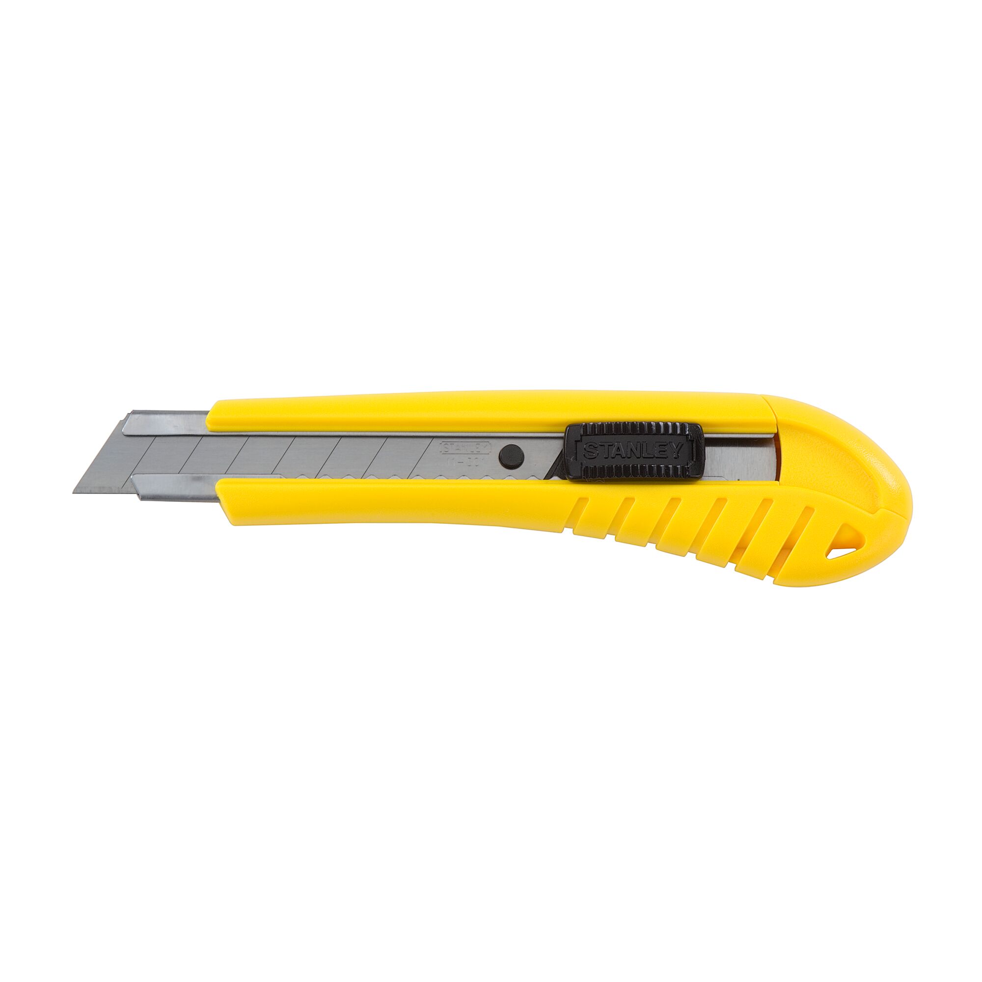 STANLEY 10-280-0-22 snap-off utility knife, yellow handle, side view, tool photography