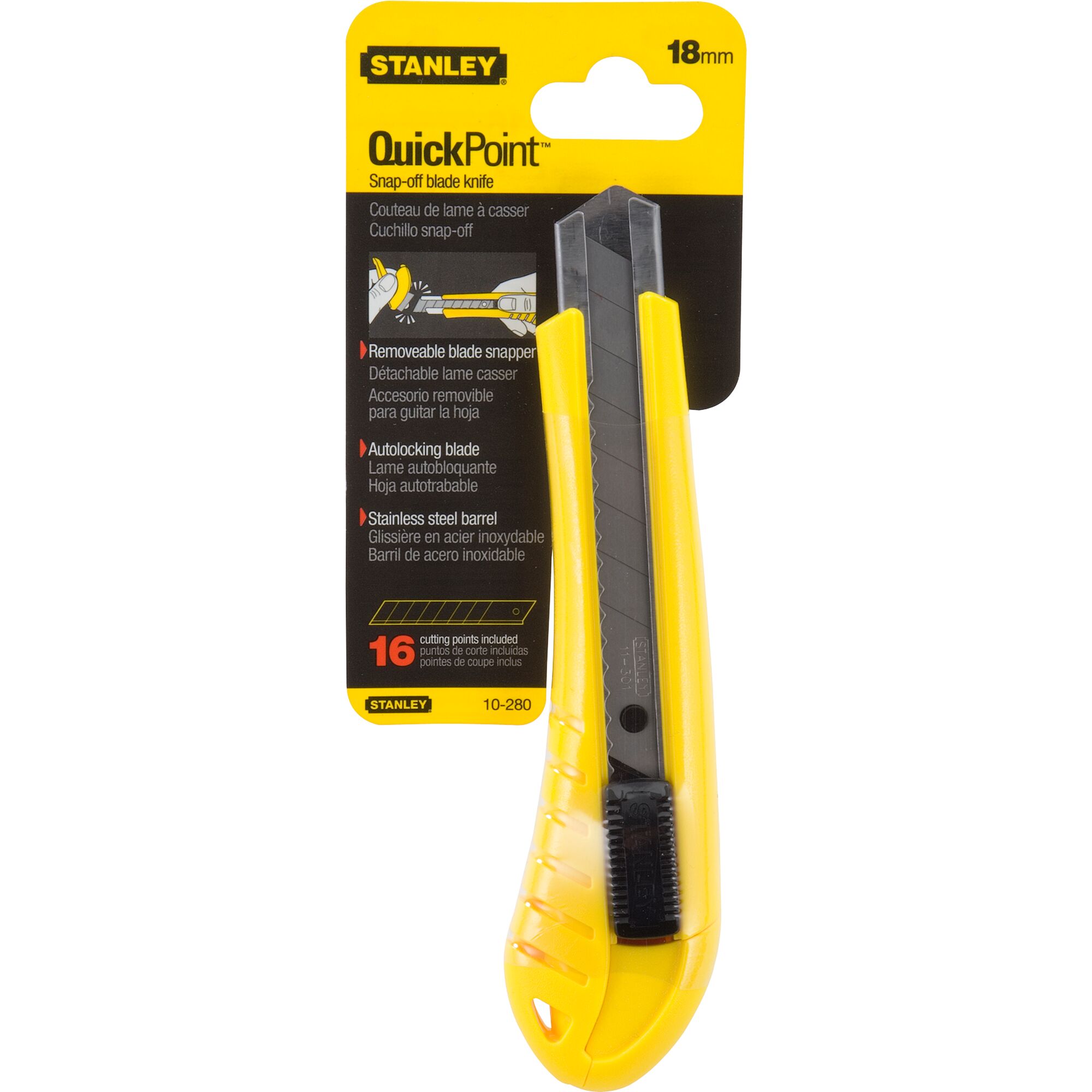 Stanley 10-280-0-22 yellow snap-off blade knife, QuickPoint series, front angle, in packaging.