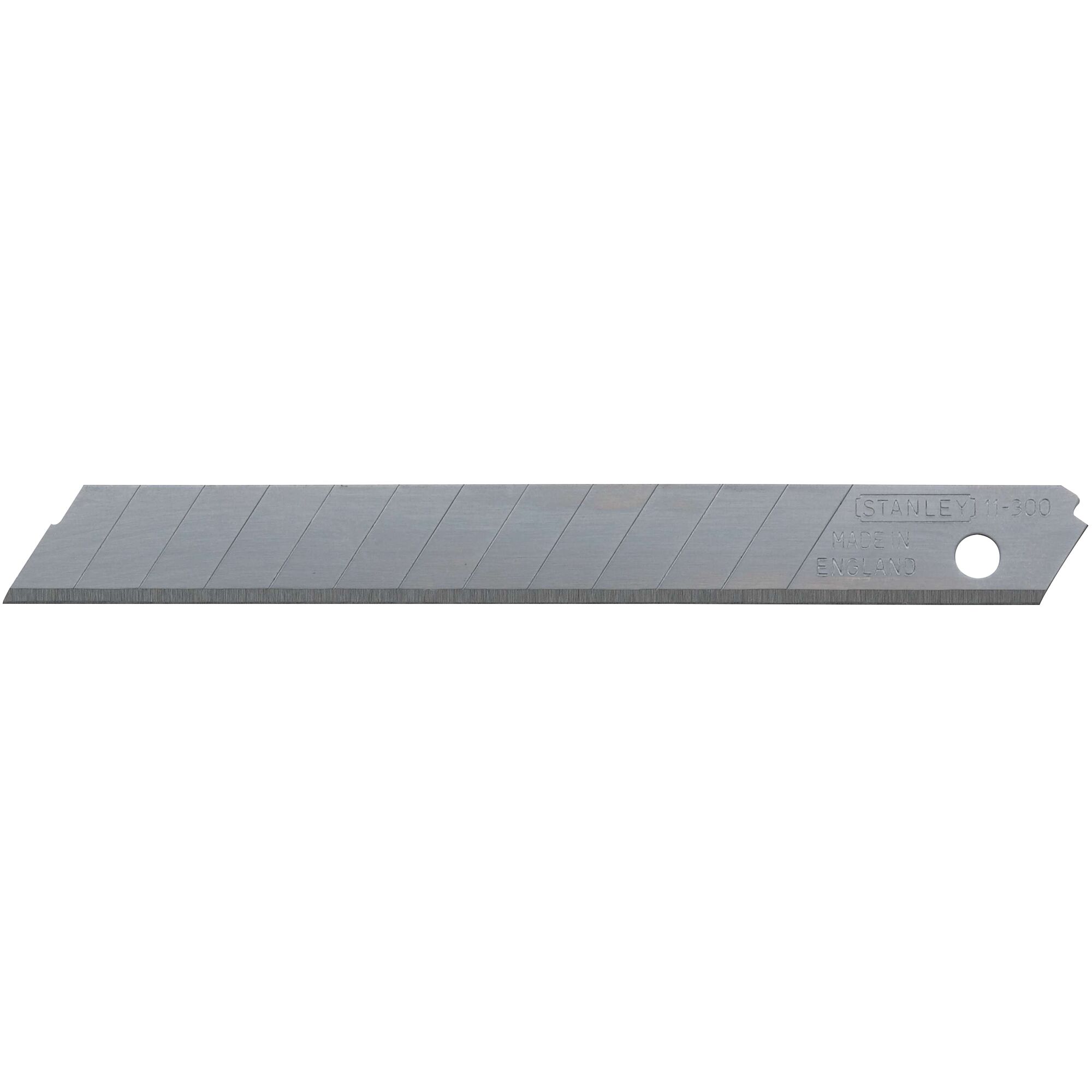 STANLEY 11-300T-22 snap-off utility knife blade in silver, side view, photography on white background.