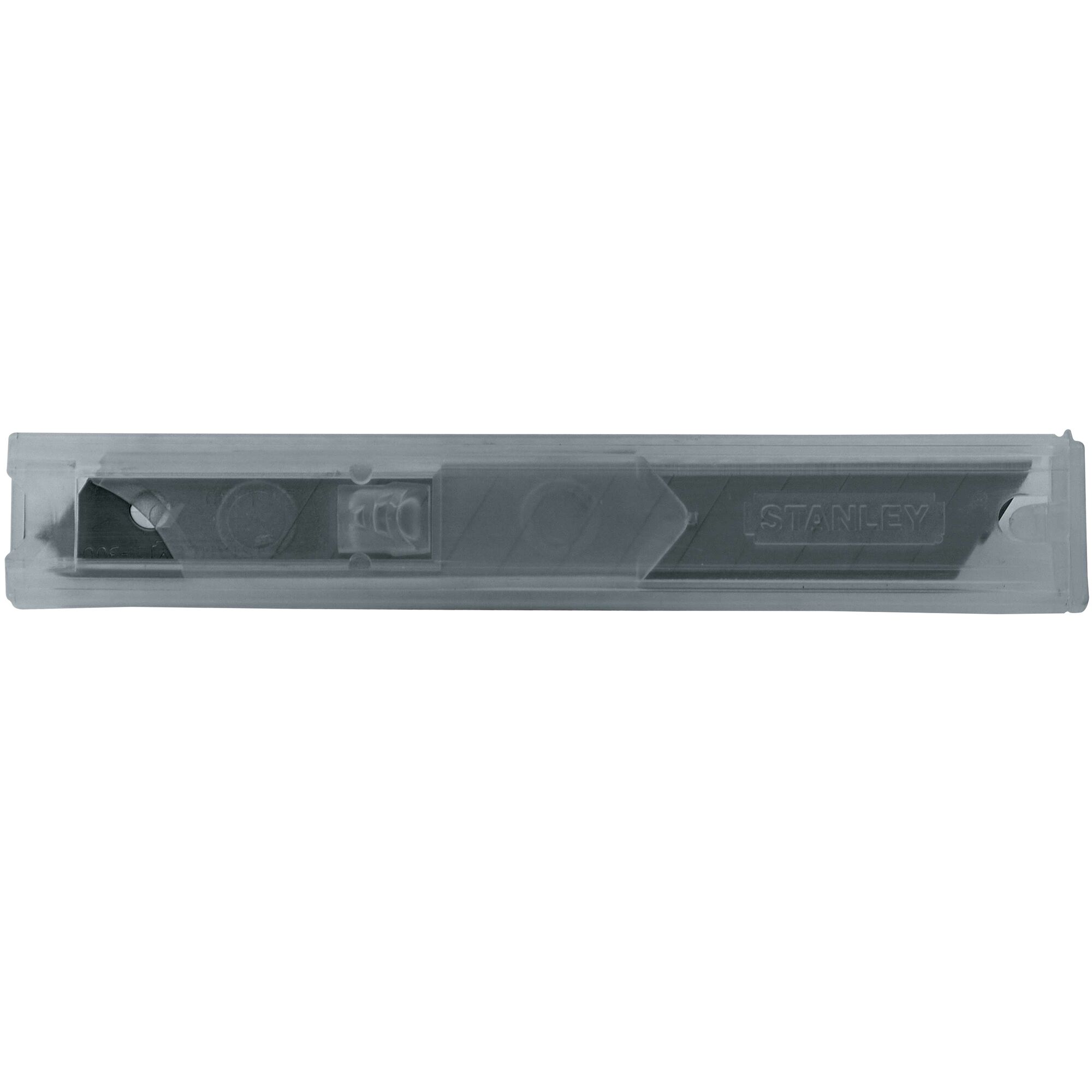 Stanley 11-300T-22 utility knife blade in plastic case, top angle, silver and black color.