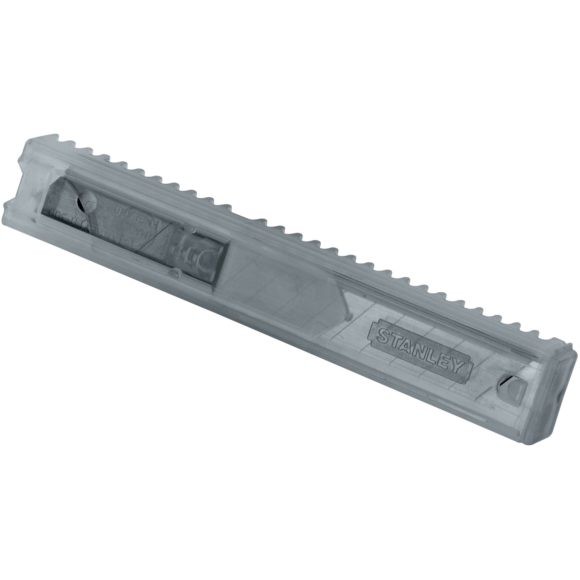 Stanley 11-300T-22 transparent utility blade dispenser, photography, angled on white background.