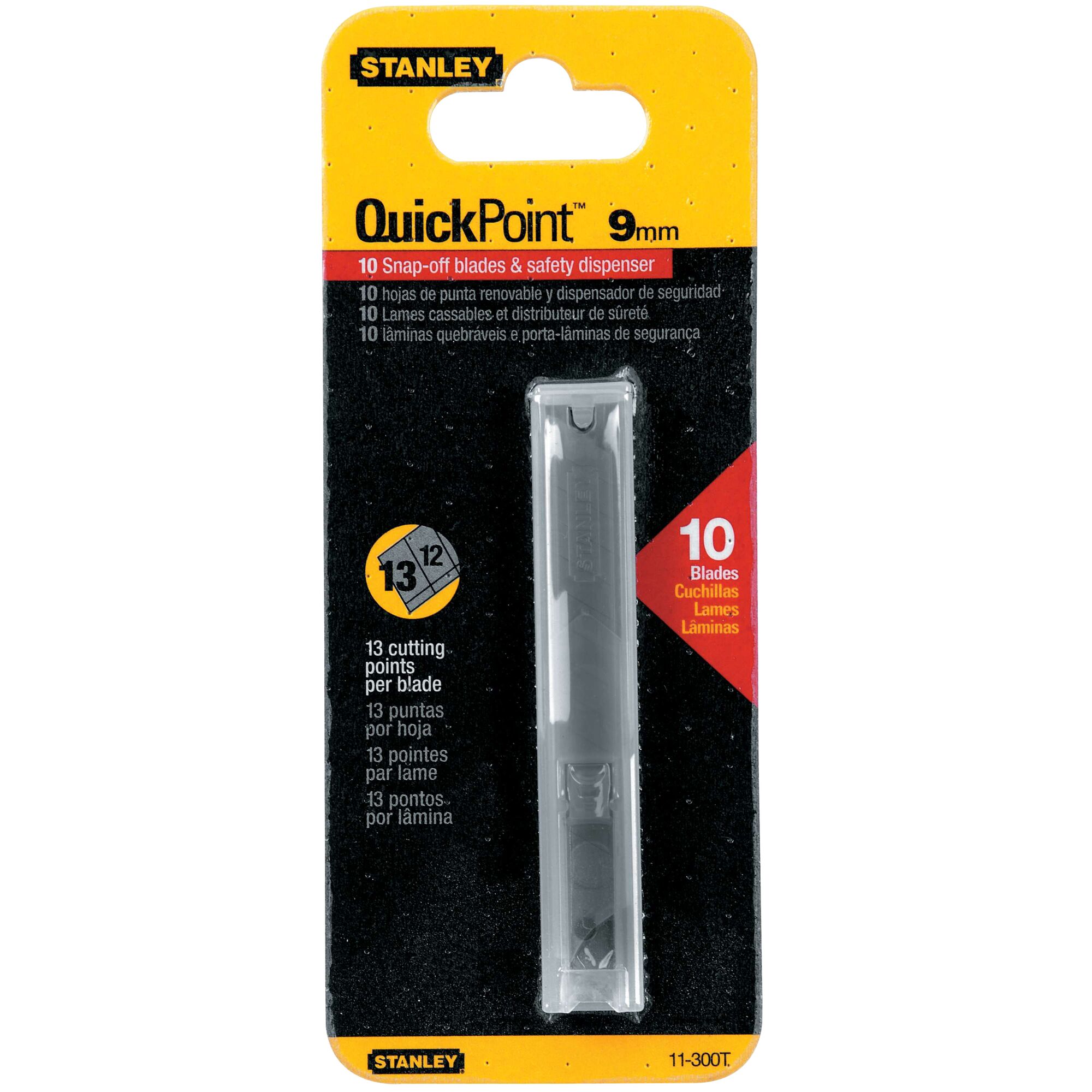 STANLEY 11-300T-22 pack of 10 QuickPoint 9mm snap-off blades in safety dispenser, front angle photo.