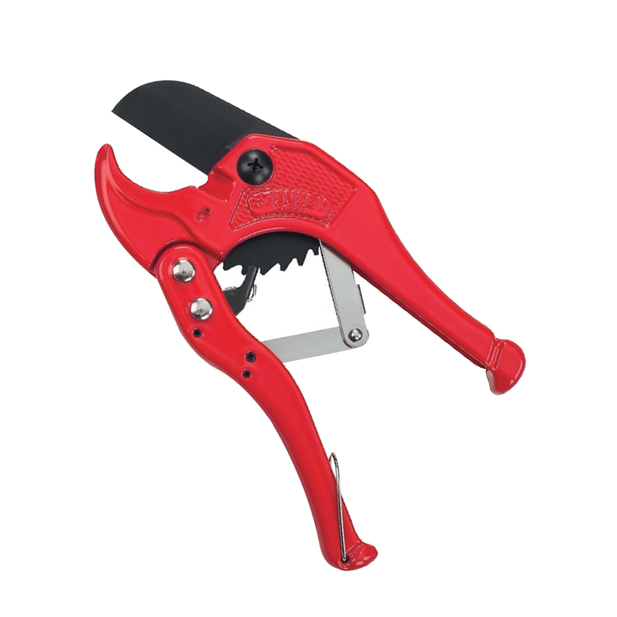 STANLEY 14-442-22 red pipe cutter tool, side angle, with black blade and metal lever.