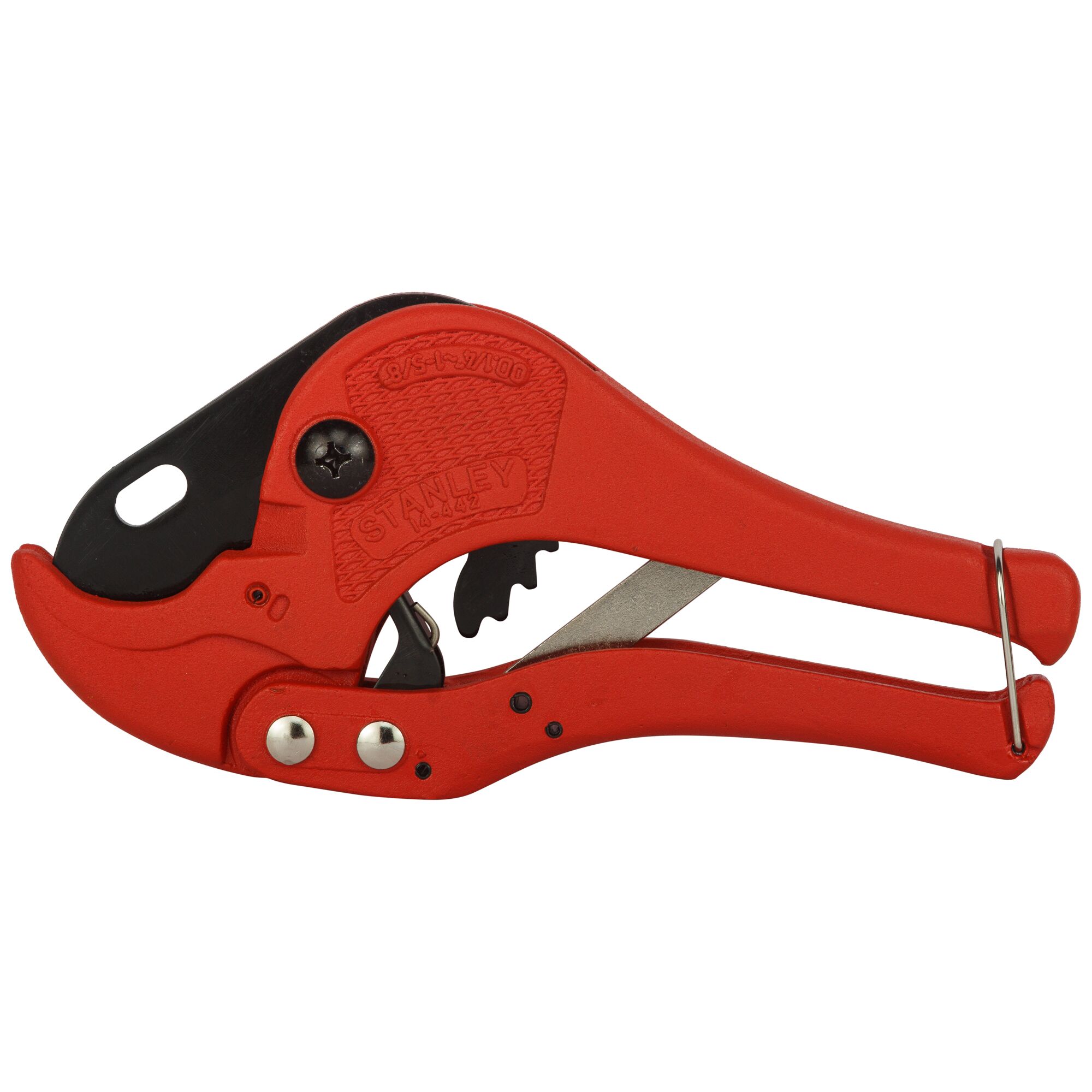 STANLEY 14-442-22 red pipe cutter, side angle photography, metal blade and ergonomic handle