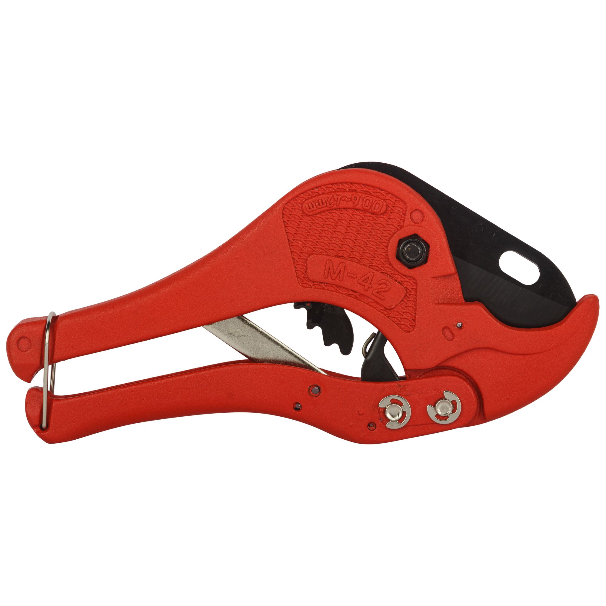 STANLEY 14-442-22 red pipe cutter, side angle, showing black blade and metal details, photography asset.