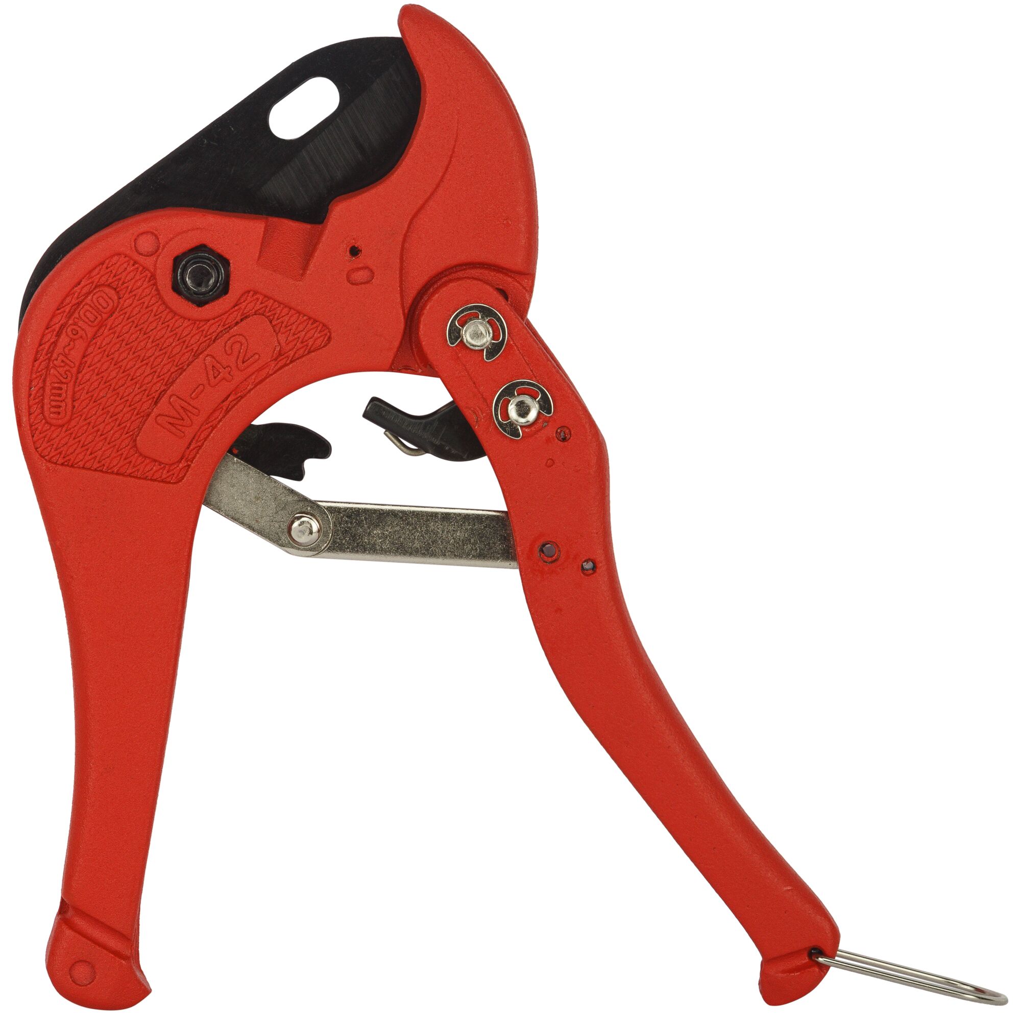 STANLEY 14-442-22 pipe cutter, side angle, red handle and black blade, photography on white background.