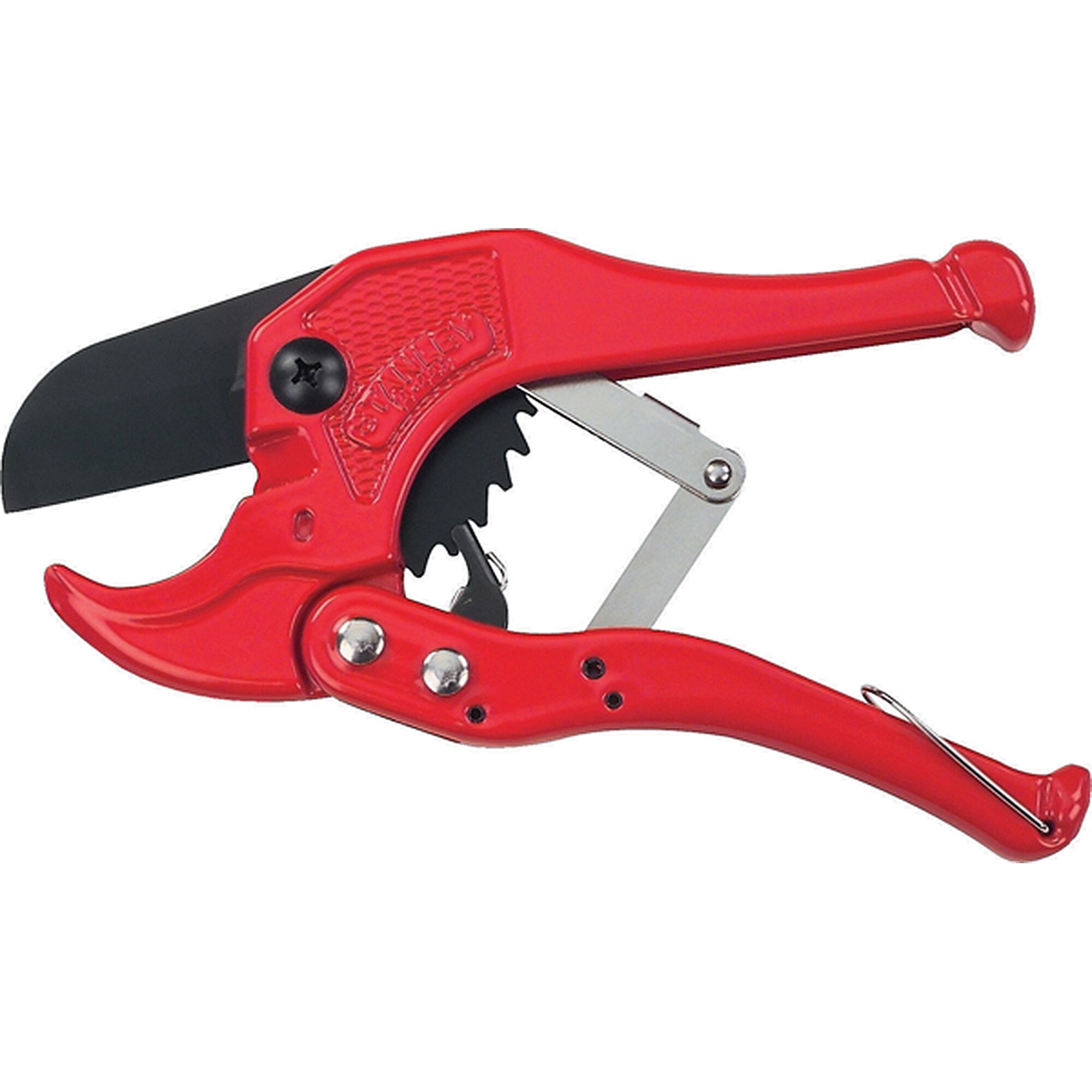 STANLEY 14-442-22 red ratcheting pipe cutter side view, black blade, metal mechanism, on white background.