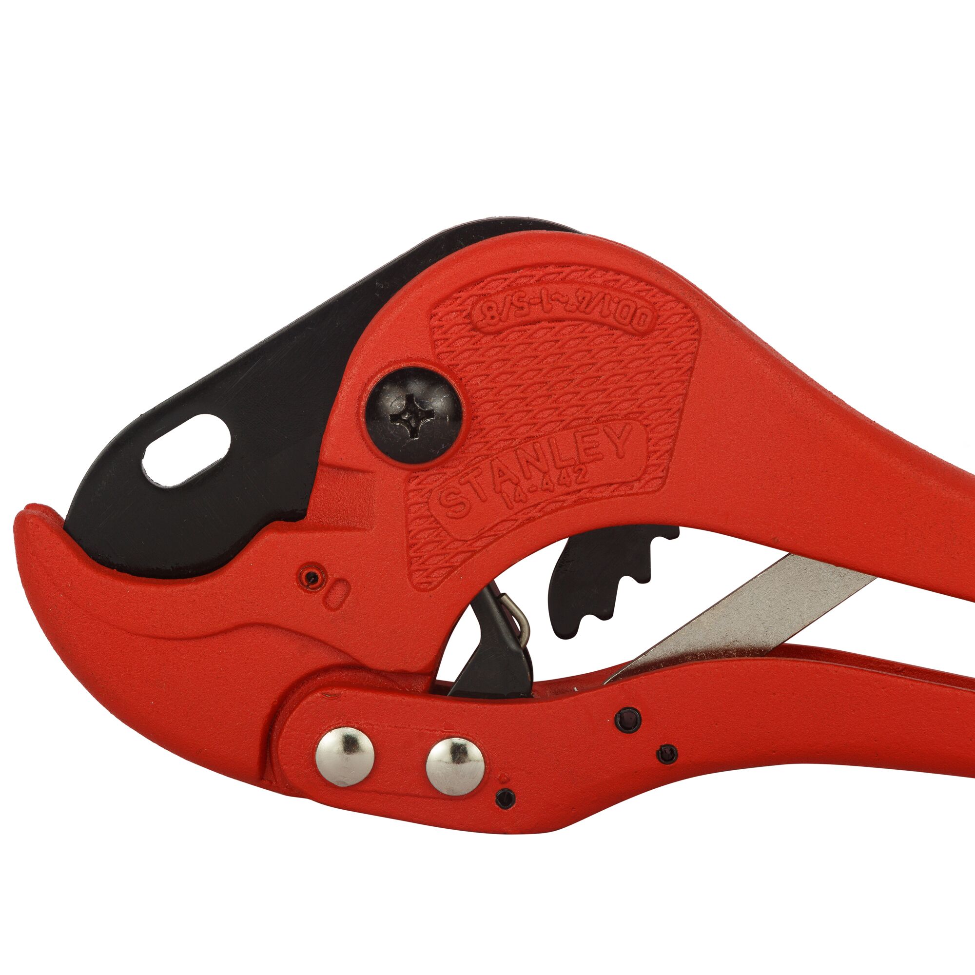 Stanley 14-442-22 red pipe cutter, close-up angle, showing blade and locking mechanism