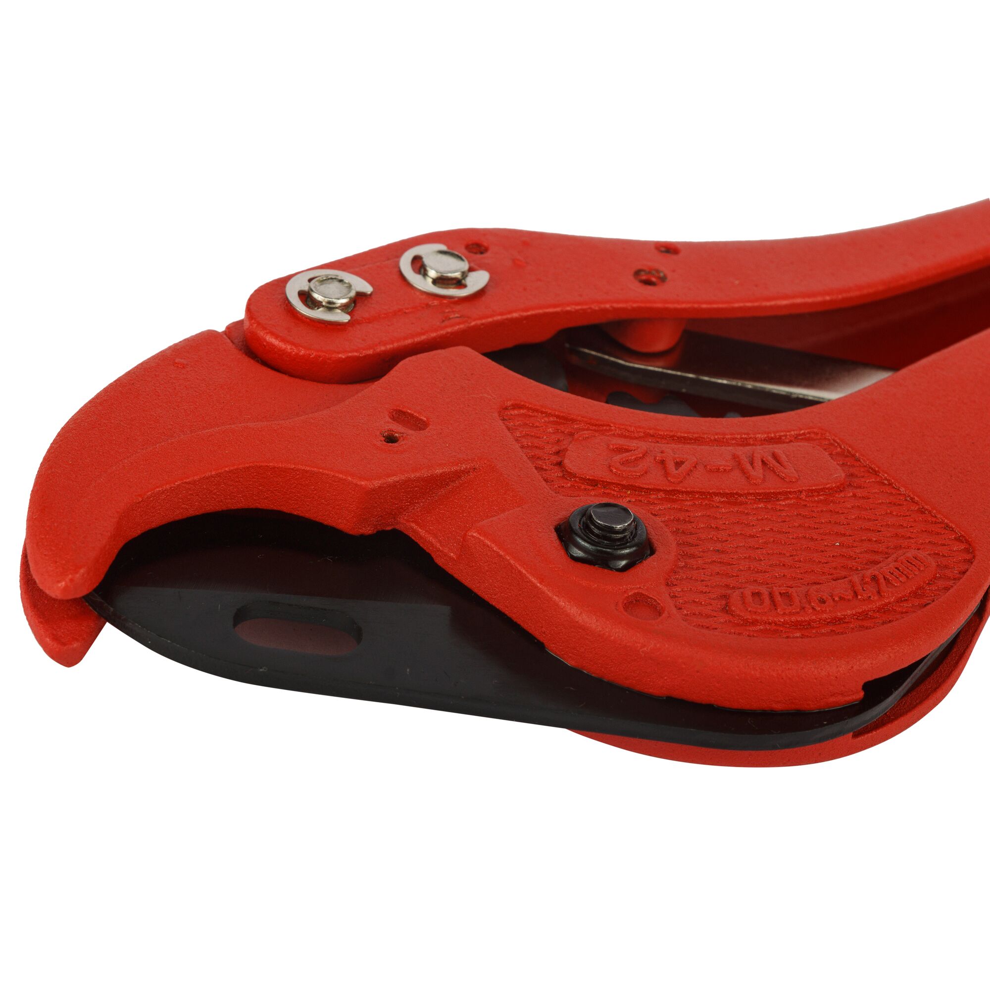 STANLEY 14-442-22 pipe cutter close-up, red metal body, textured grip, visible cutting blade.