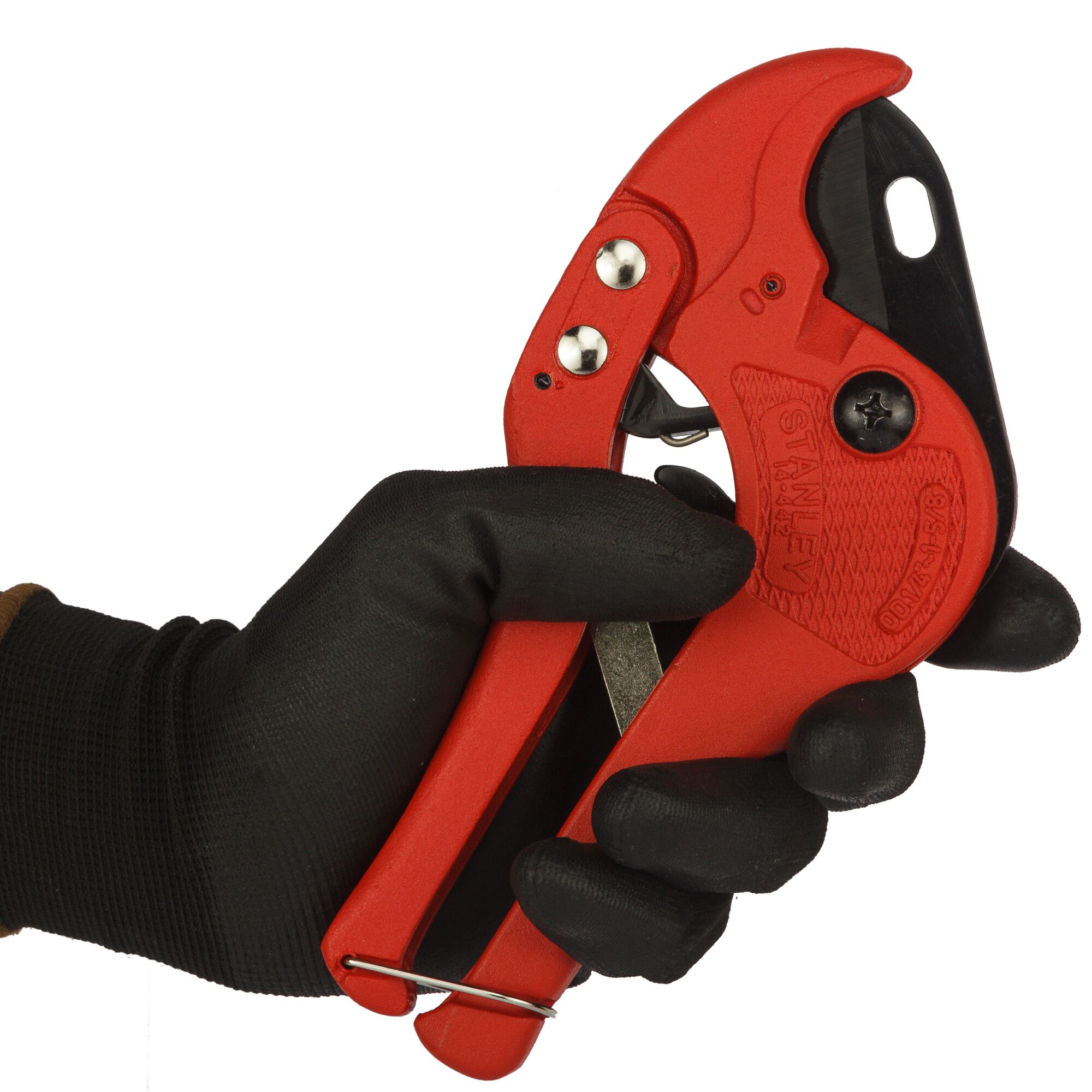 STANLEY 14-442-22 red pipe cutter held in gloved hand, product side angle, photography.