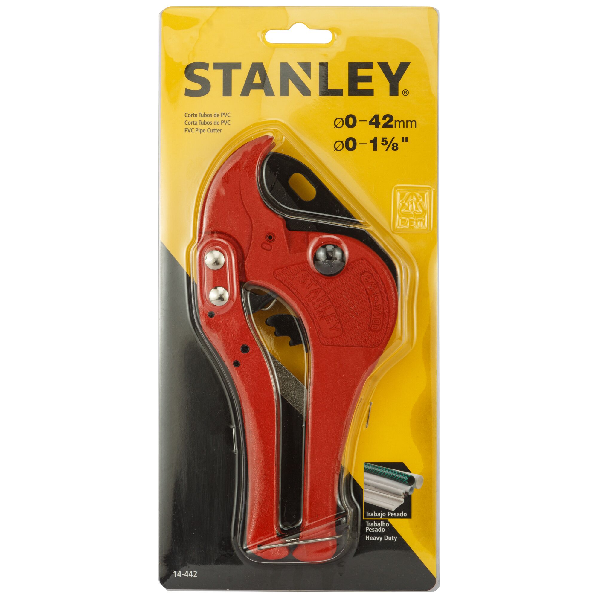 STANLEY 14-442-22 PVC pipe cutter, red hand tool, front angle, packaged on yellow backing card.