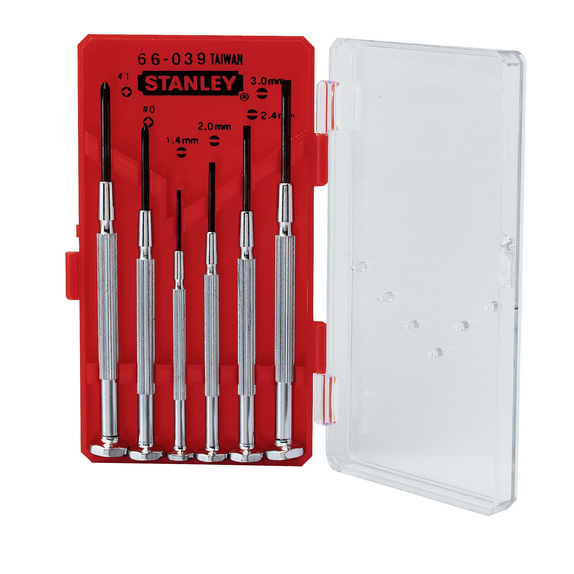 STANLEY 66-039-23 precision screwdriver set in red plastic case with clear lid, six metal screwdrivers displayed front angle.