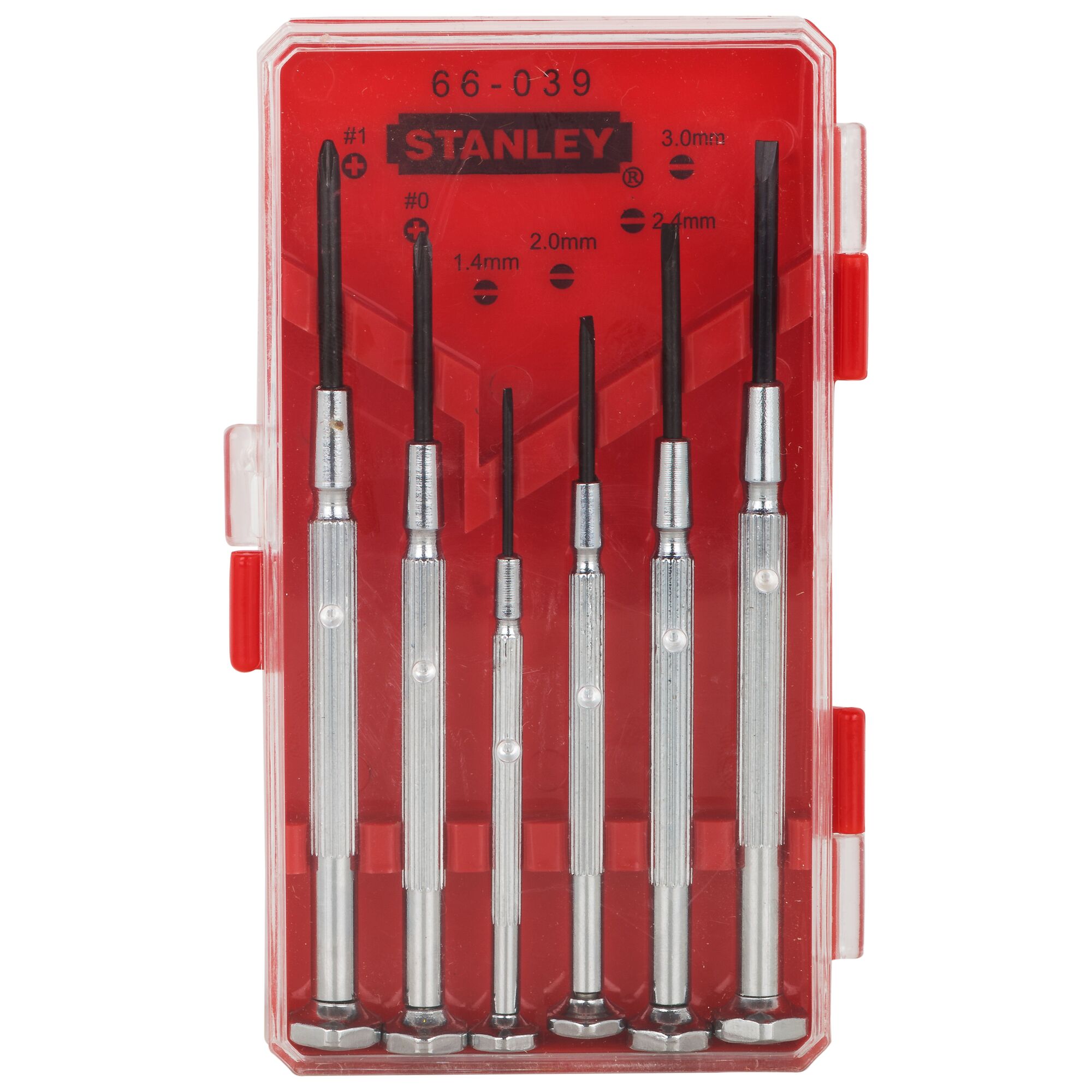 Photo of STANLEY 66-039-23 precision screwdriver set with six metal screwdrivers in a red plastic case, front view.