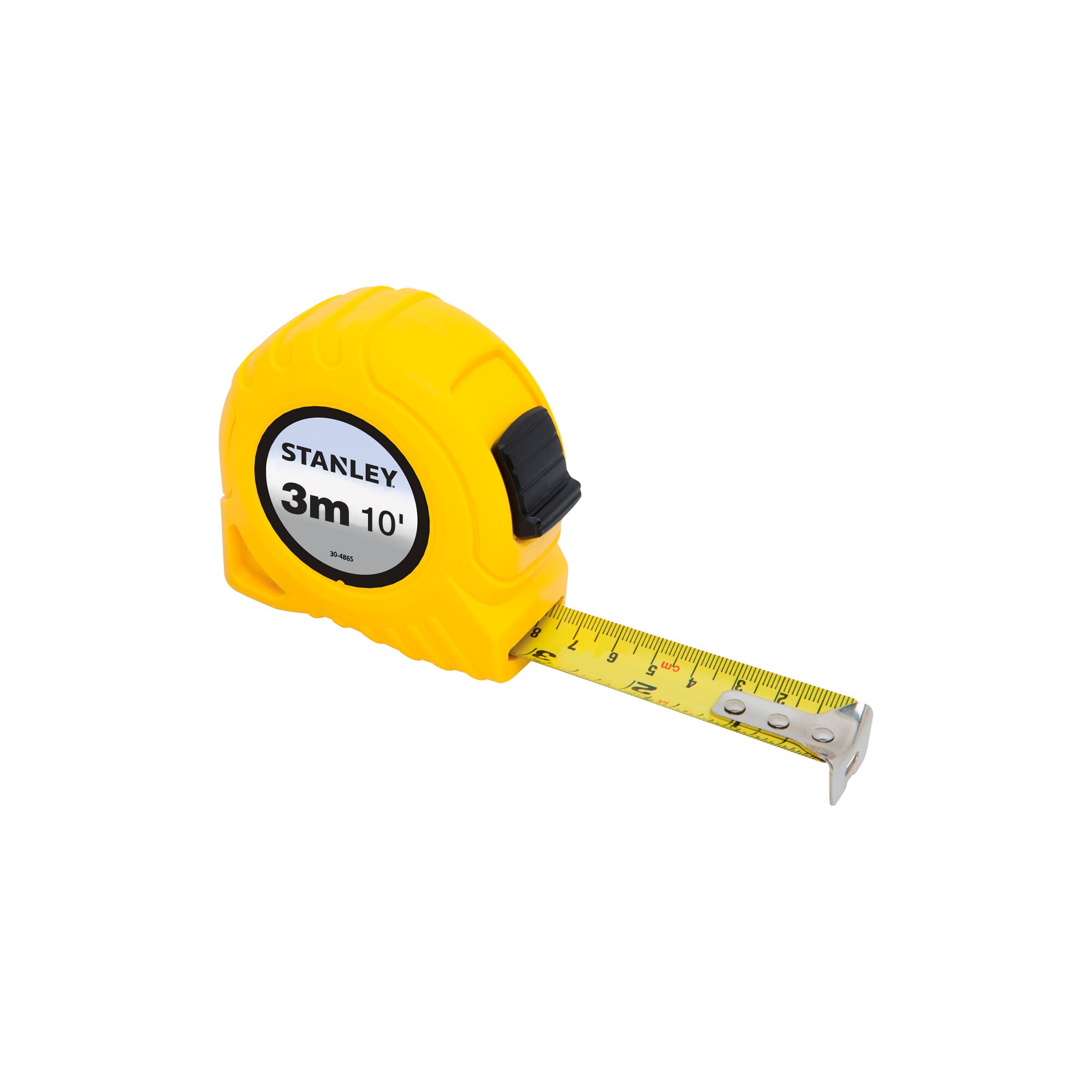Stanley STHT30486-8 yellow tape measure, 3m length, side angle, photography on white background.
