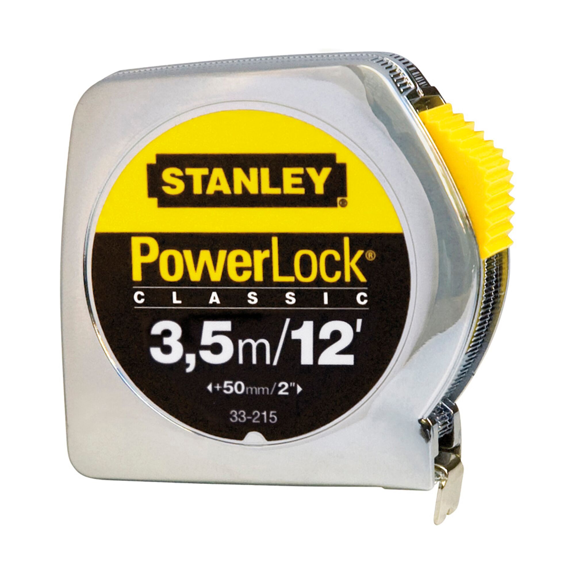 STANLEY STHT33215-8 tape measure, silver body, yellow detail, front angle, PowerLock branding visible.