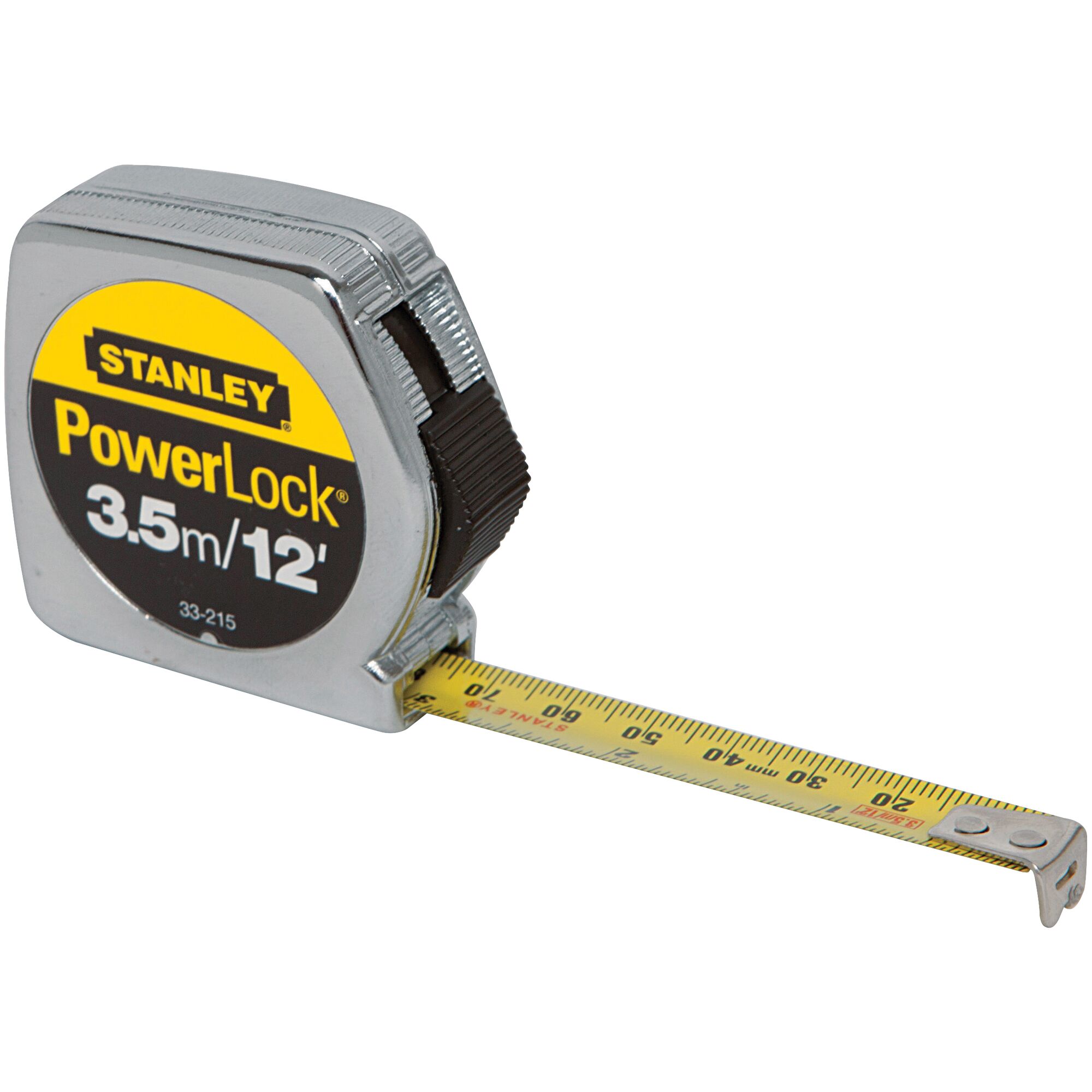 STANLEY STHT33215-8 PowerLock tape measure, chrome case, yellow blade, photography, angled side view