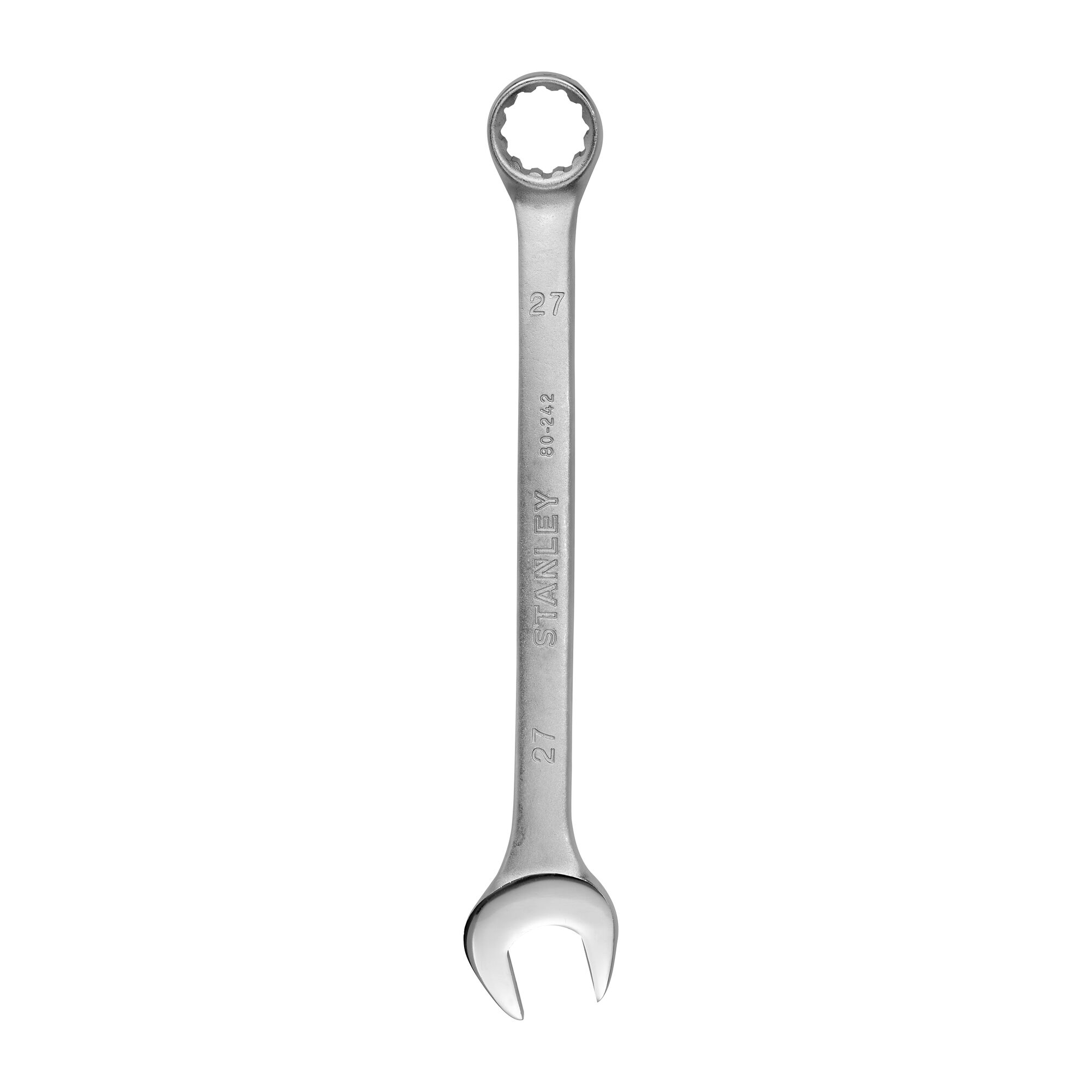 STANLEY STMT80242-8B combination wrench, silver color, front angle, photography on white background.