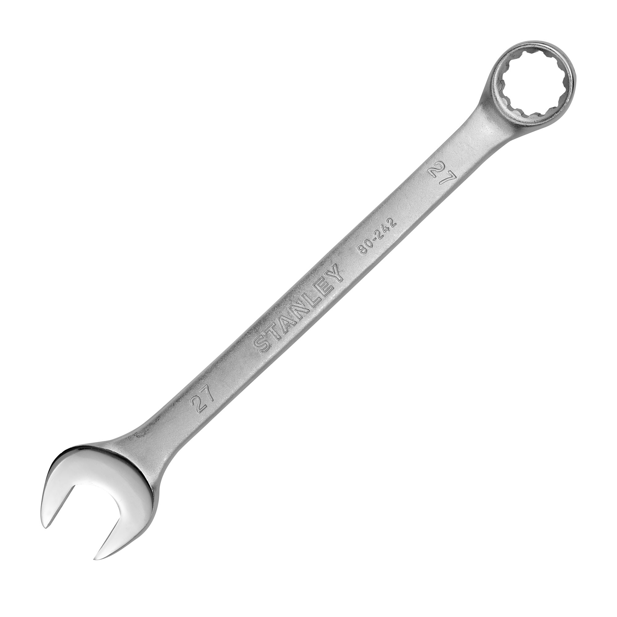 Stanley STMT80242-8B combination wrench, silver, 27mm, product photography, angled on white background.