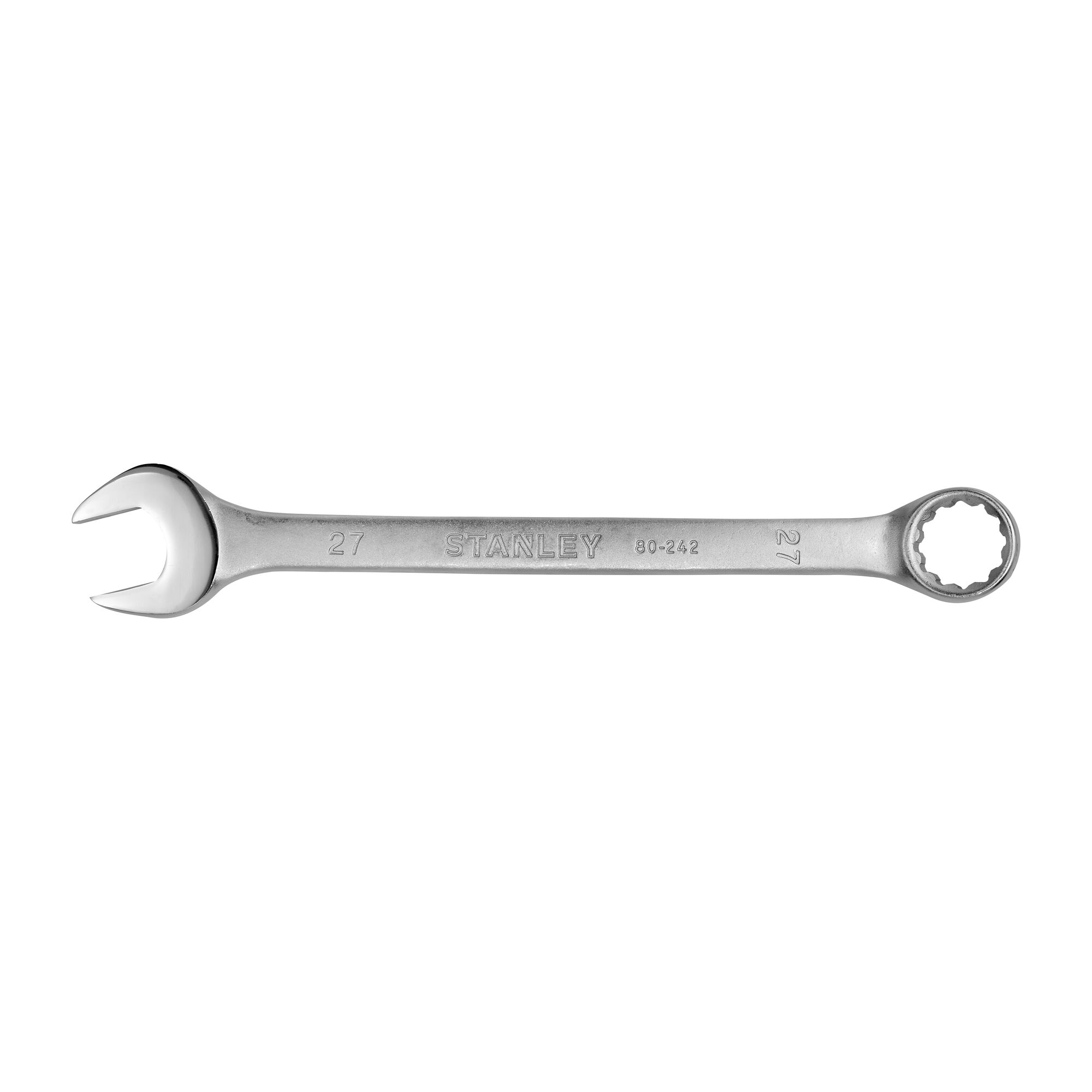 STANLEY STMT80242-8B silver combination wrench, front angle, open and box ends visible