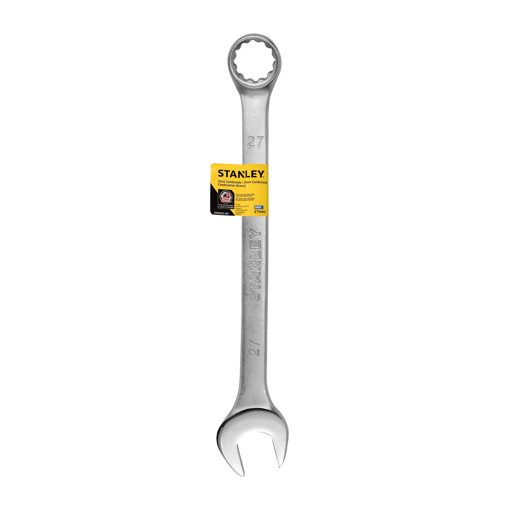 Stanley STMT80242-8B combination wrench, 27mm, silver, front angle, shown with product label